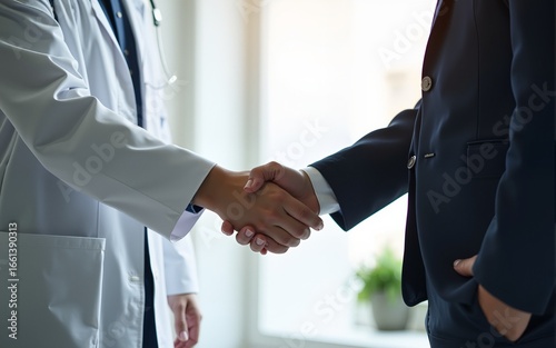 medical consultant in a lab coat shaking hands with a business executive over a contract titled anti-aging solutions in a modern office. anti-aging medicine, business agreement, lab coat handshake,