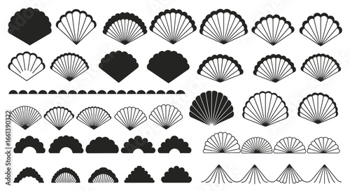 Elegant fan and scallop shell design elements in black and white perfect for branding