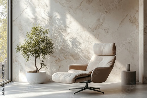 Recliner chair positioned near a window against a white and stone cladding wall, contributing to minimalist home interior design for a modern living room. 3D rendering, Generative AI