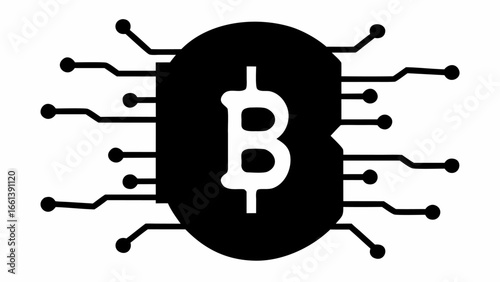 Illustration of a black bitcoin symbol with circuit board connections on a white background design element silhouette