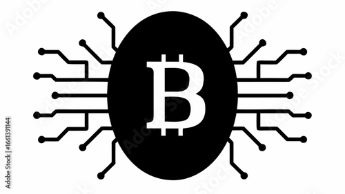 Black bitcoin symbol with white b inside a circle and black circuit board around the circle design element silhouette