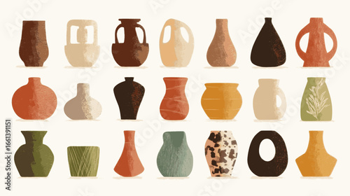 A collection of vases in various shapes and sizes, including some with animal designs. The vases are arranged in a row, with some overlapping each other. Scene is one of variety and creativity