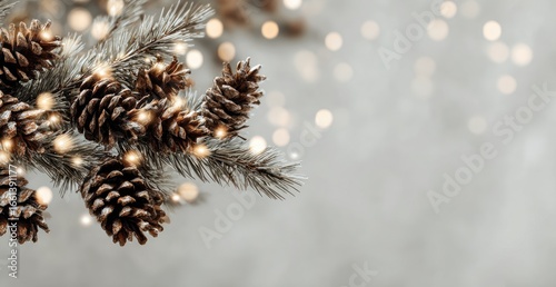 Festive Christmas branch with pine cones and lights