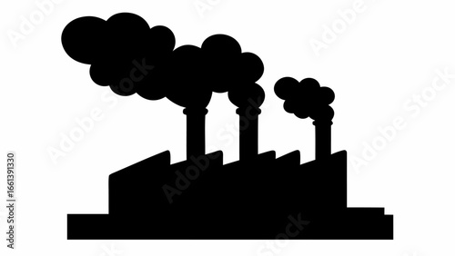 Silhouette of factory with three smokestacks emitting dark smoke against a white background view image