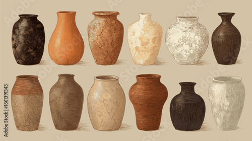 A collection of vases with different colors and sizes. The vases are arranged in a row, with some being taller and others shorter. Scene is one of variety and diversity