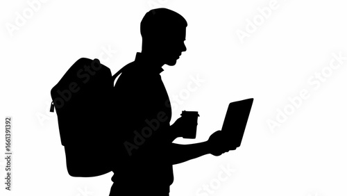 Silhouette of a man with a backpack holding a laptop and a coffee cup against a white background view side