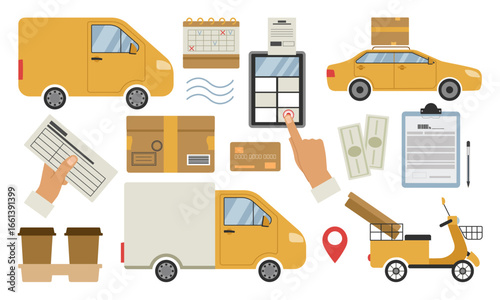 Delivery service set. Truck, car, electric scooter, various types of transport parcels and boxes, cash register and documents. Vector illustration for design.