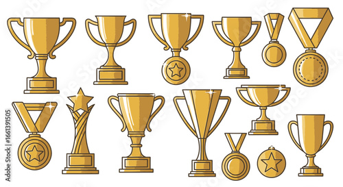 A collection of golden trophies and medals, various shapes and designs, arranged in two rows on a white background, representing achievement and victory.