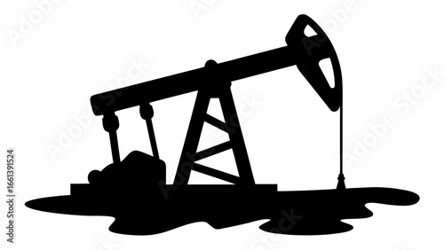 Silhouette illustration of an oil pump jack extracting crude oil from the ground in a black and white image