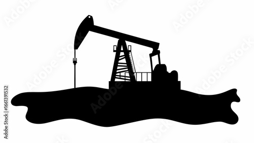 Silhouette of an oil pump jack extracting crude oil from the ground in a black and white illustration