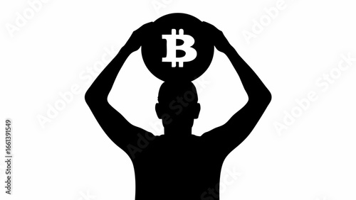 Silhouette of a person holding a bitcoin symbol above their head with their arms raised in a white space