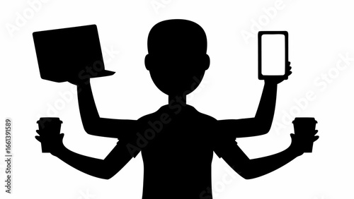 Silhouette of a person with multiple arms holding a laptop, phone, and coffee cups in black and white