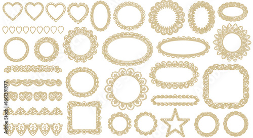A collection of decorative lace frames and borders in various shapes including hearts, circles, ovals, squares, and stars, arranged in rows on a white background.