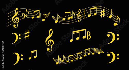Elegant musical notes and symbols in golden color floating against black background