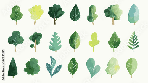 A collection of green trees and leaves are shown in various sizes and shapes. Concept of nature and tranquility, with the trees and leaves representing the beauty and serenity of the outdoors
