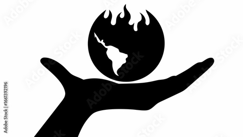 A hand holding a burning globe showing the continent of south america in a black and white illustration silhouette