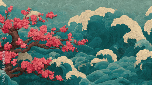 A painting of a tree with pink flowers and a blue ocean in the background. The mood of the painting is serene and peaceful