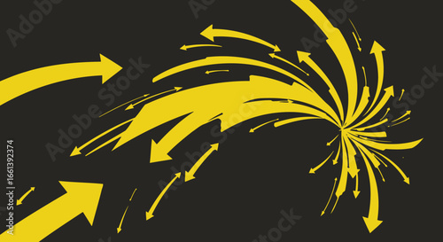 Dynamic yellow arrows bursting from central point on textured black background