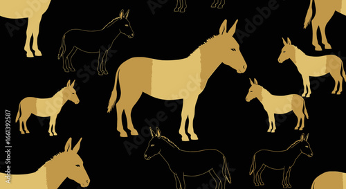 Elegant gold donkey silhouettes on black background for luxury design and branding projects