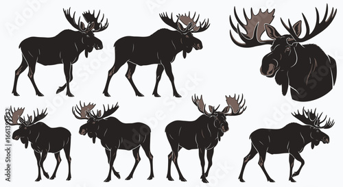 Majestic moose silhouettes in various poses against a clean white backdrop for design projects