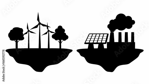 Silhouette illustration contrasting renewable energy sources with a polluting factory image scene view