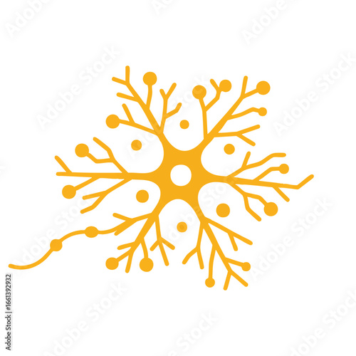 A simplified yellow neuron, rendered with clean lines in a 2D flat vector style, elegantly illustrates the interconnected nature of nerve cells, isolated on a stark white background.