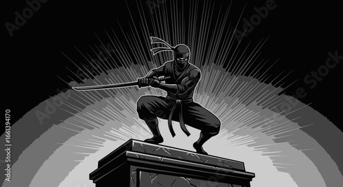 Ninja warrior poised for action with katana sword in striking monochrome scene for dynamic game design assets