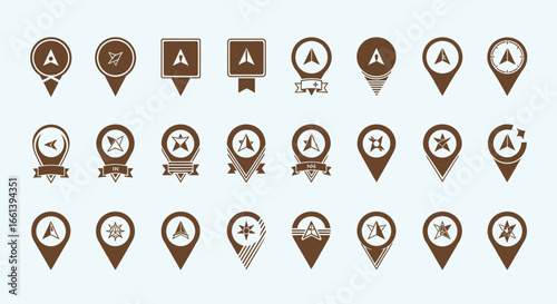 Diverse set of location map pin icons for navigation and travel planning in muted brown tones