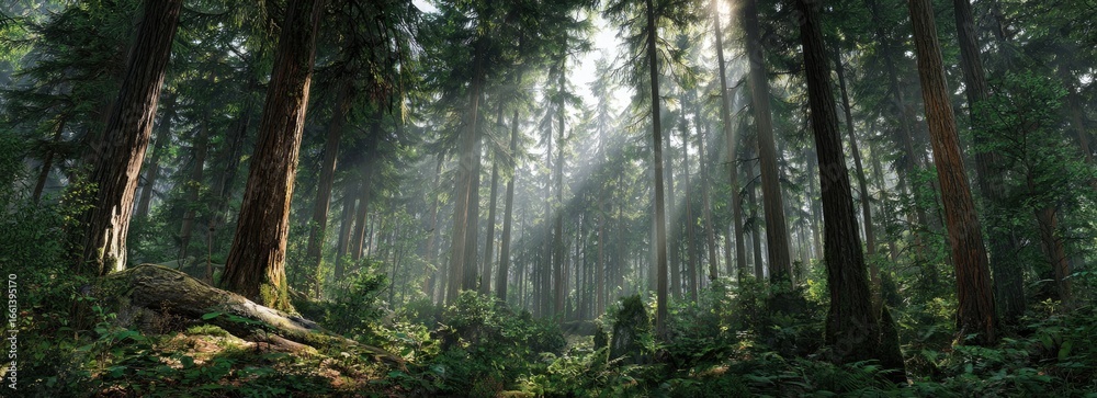 Fototapeta premium Sunlight filtering through a misty forest