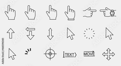 Modern set of line icons for user interface design with cursor, hand, arrows, target and loading
