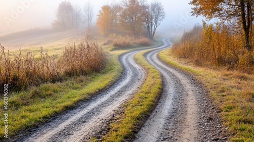 Early autumn fog enveloping a narrow country road with faded grasses and subtle curves leading to distant blurred trees