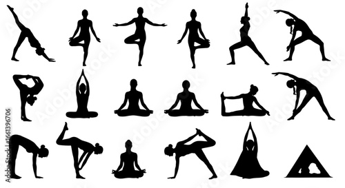 Stunning collection of yoga poses for wellness and fitness in sleek black silhouettes against white backdrop