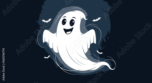 Spooky season fun with happy cartoon ghost flying near haunted house under moonlight for Halloween designs