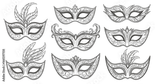 Collection of ornate Venetian masks, detailed designs, various styles.