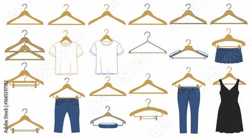 Illustration showcasing various clothes hanging on wooden hangers, including shirts, jeans, and a dress.