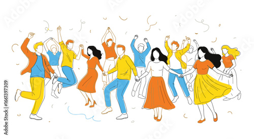 A group of diverse people are joyfully dancing and celebrating together with arms raised amidst confetti, expressing happiness and camaraderie.