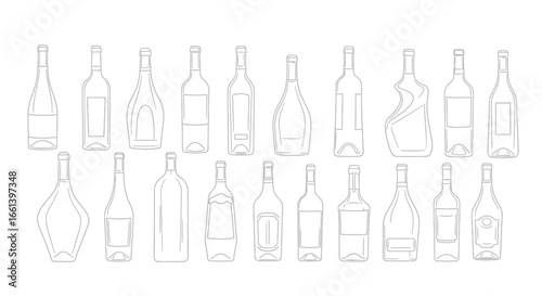 Collection of twenty outline drawings of various wine and liquor bottles, arranged in two rows, showcasing diverse shapes and styles.