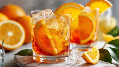Refreshing orange cocktail with ice and fruit slices, perfect for summer sipping and celebration.