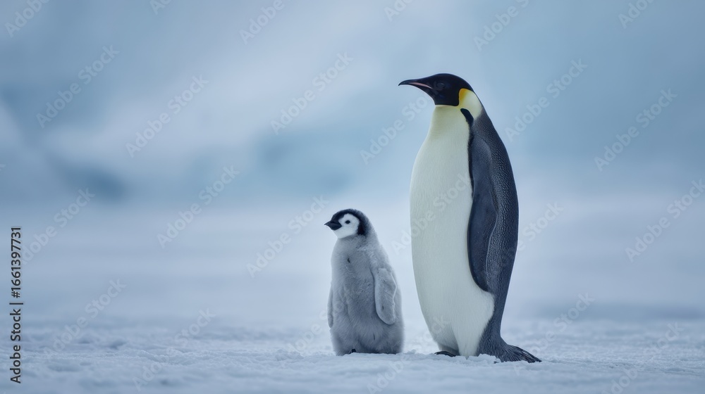 Fototapeta premium The majestic penguin with its adorable chick on a snowy landscape.