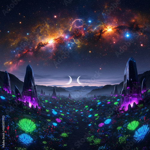Magical Alien Landscape with Bioluminescent Crystals and Two Moons