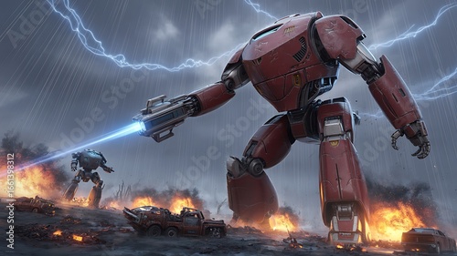 Epic robotic battle with laser swords amidst fiery destruction and electric energy