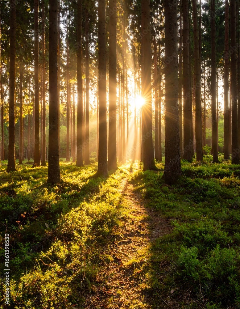 Fototapeta premium Sunlight streams through a dense forest