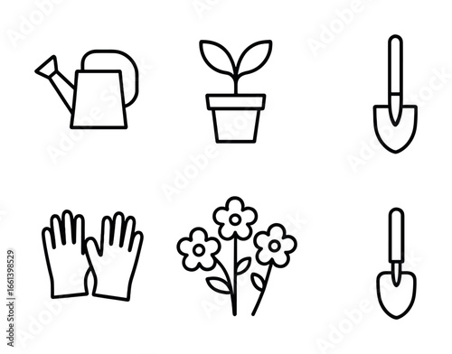 Gardening tools icons: watering can, potted plant, shovel, gloves, flowers