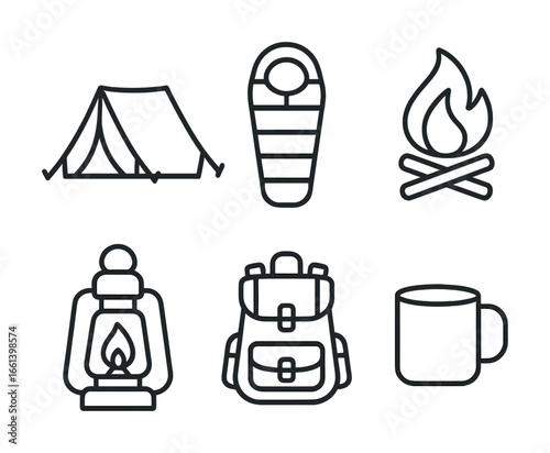 Camping essentials: tent, sleeping bag, campfire, lantern, backpack, mug icons