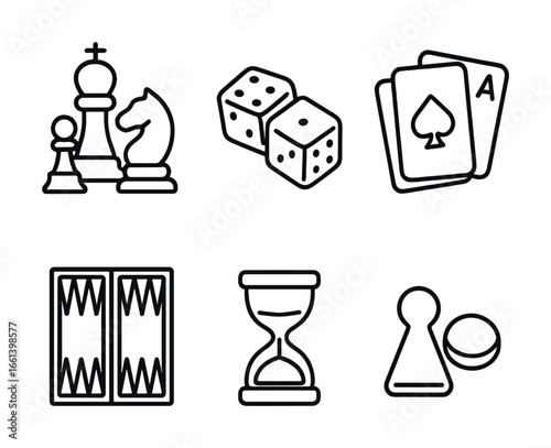 Black and white line icons of popular board and card games