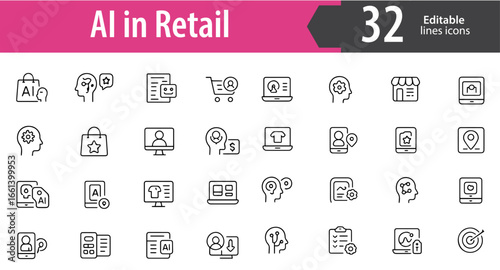 AI in Retail Line Icons Set, Artificial Intelligence, Shopping, E Commerce, Customer Analytics, Smart Stores, Editable Formats: AI, EPS, JPG, PNG, Ideal for Both Digital and Print Use
