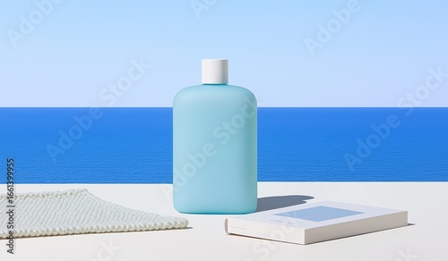 Light blue matte shampoo bottle with white cap placed by sea-view window alongside gray-blue cotton fabric rectangular boxes, minimalist coastal aesthetic for spa or wellness branding