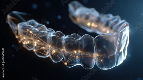 Clear dental aligner glowing with golden digital network connections on a dark background, representing advanced orthodontic technology and oral health solutions.