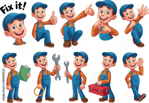 Cartoon handyman character set, repairman in uniform, tools and poses, vector technician illustration, maintenance worker cartoon, fix it theme