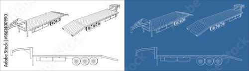 Vector set heavy haul trailer technical line drawing multiple views